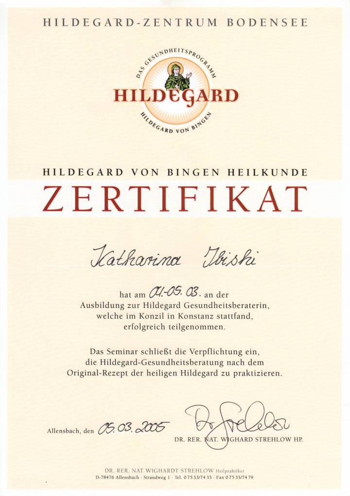 Hildegard von Bingen Zertifikat für Katharina Ibishi